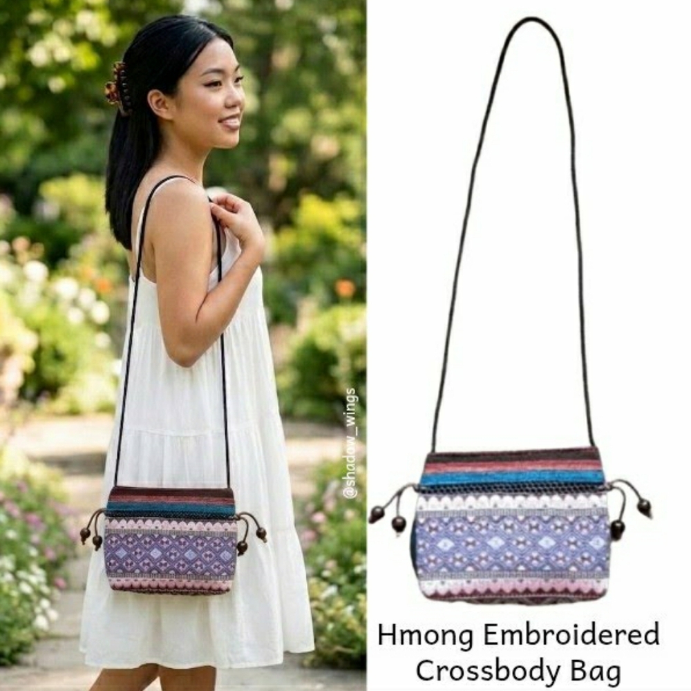 Handmade Hmong Geometric Embroidered Textile Crossbody Bag - Picture 2 of 14